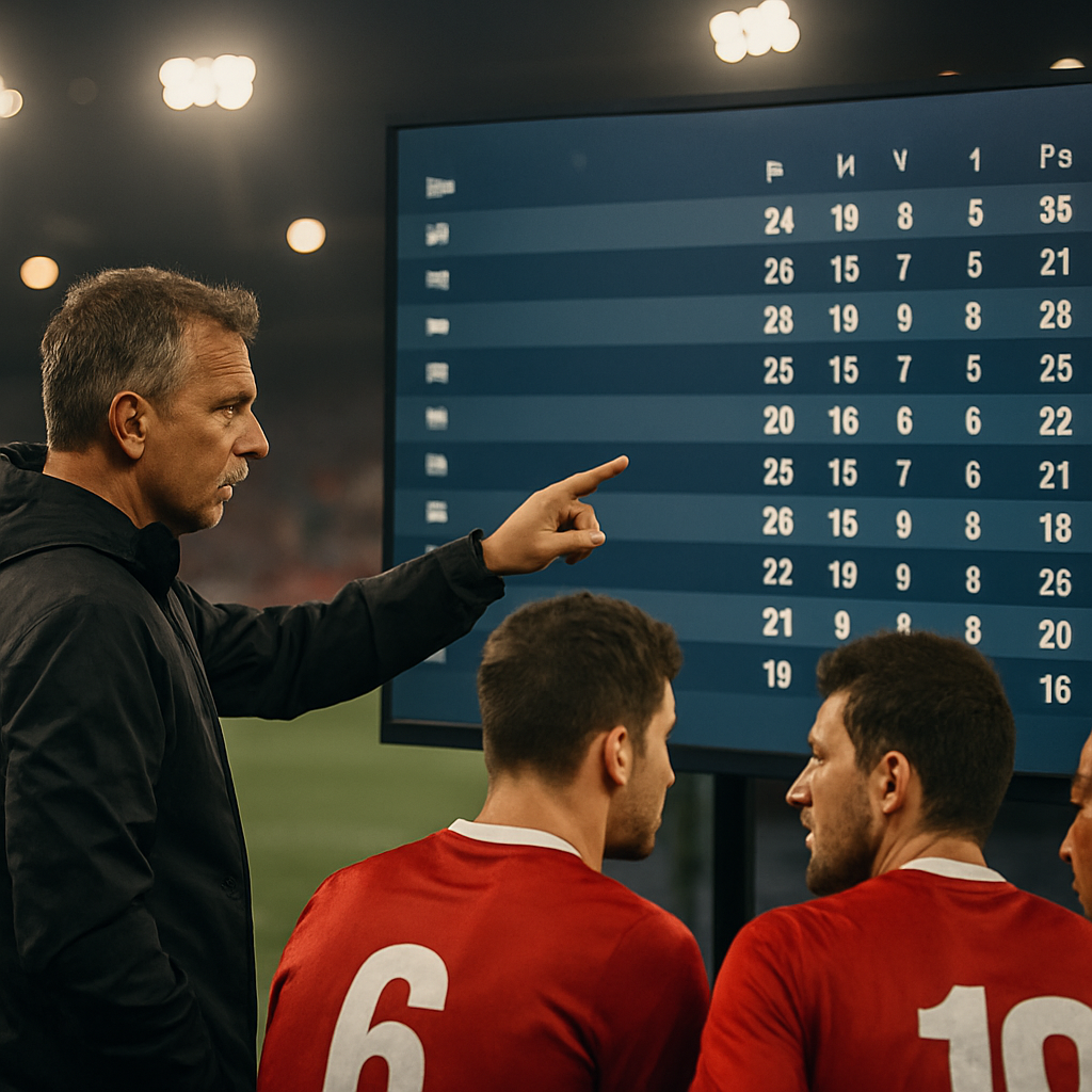 Football players and coach review a tournament standings table after the final round.