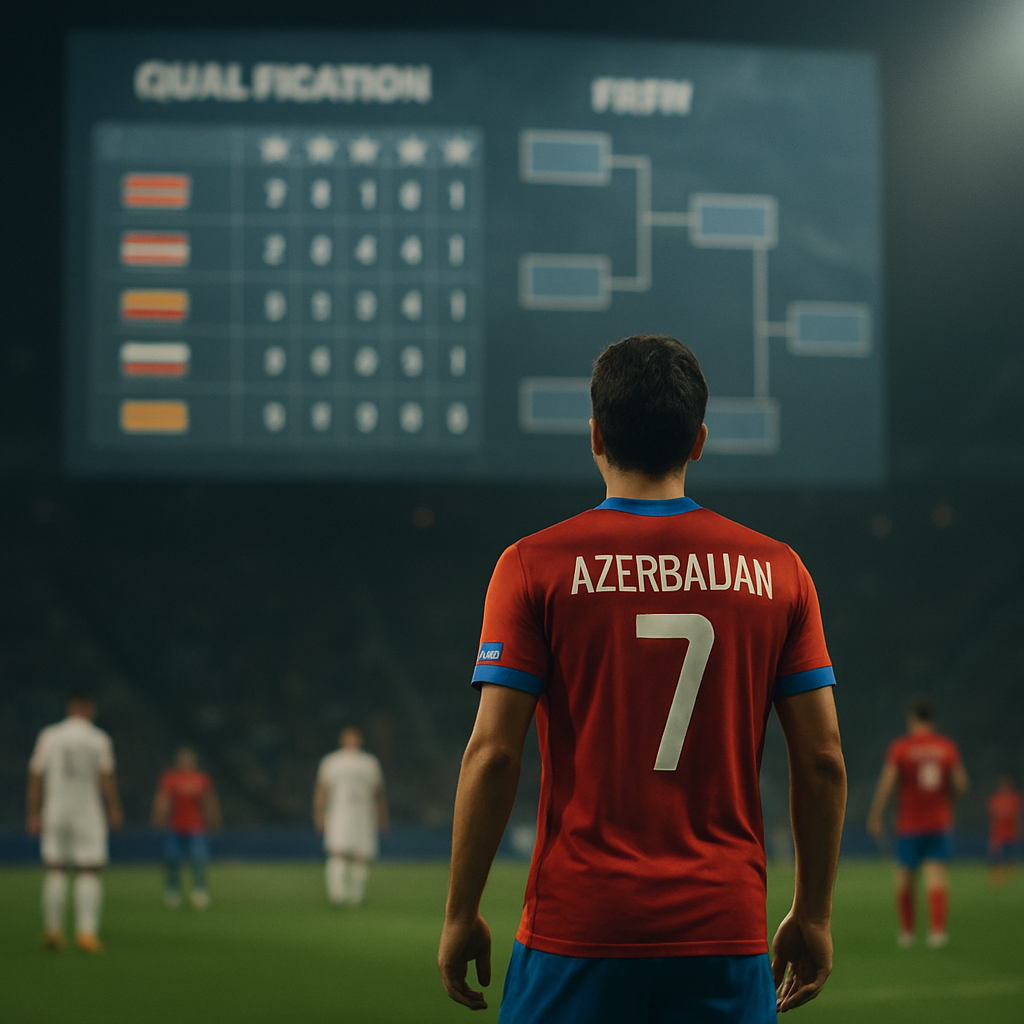 An Azerbaijan player studies a stadium scoreboard hinting at the group standings and fixtures
