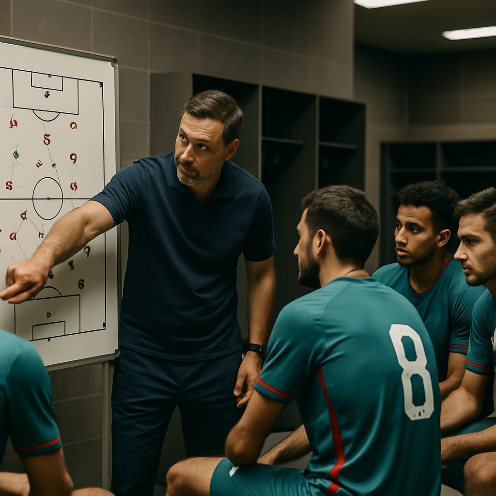 An Azerbaijani football coach reviews opponent formations with focused players before a European competition