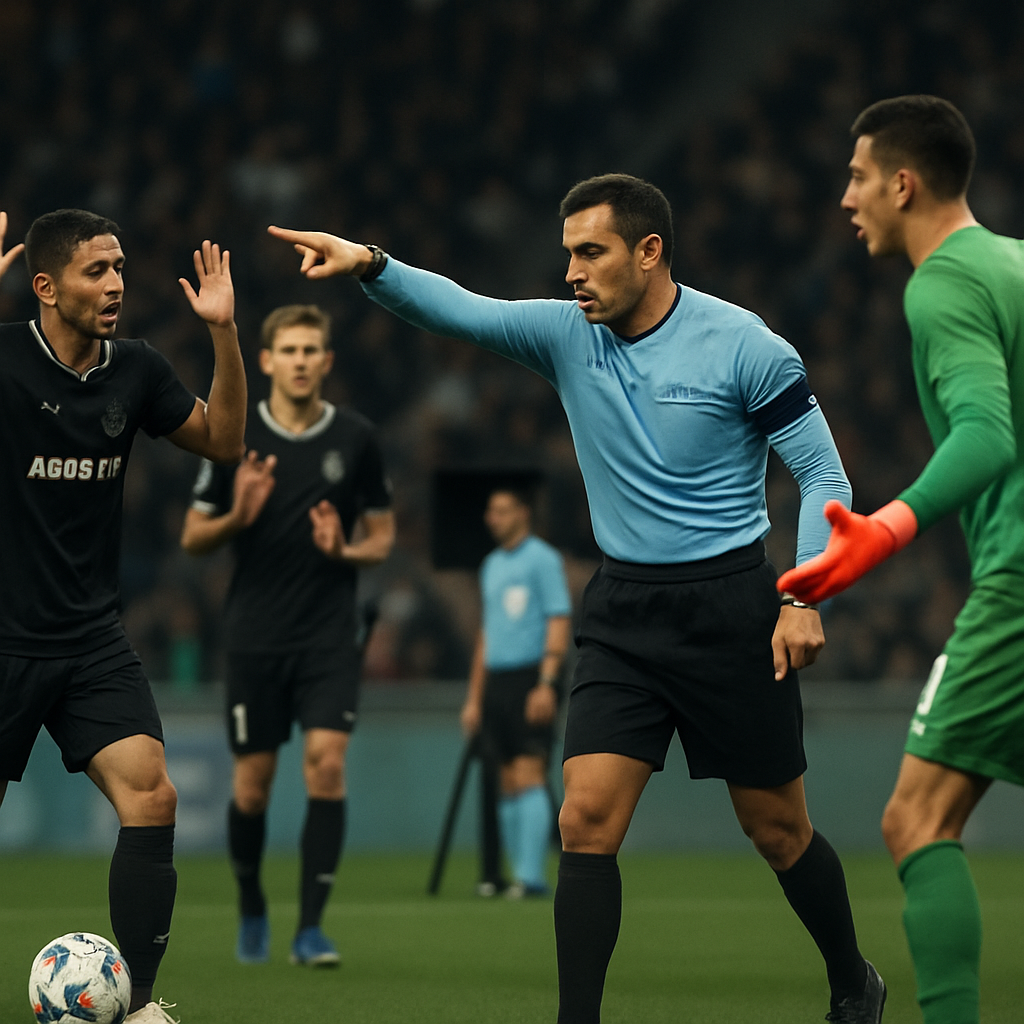 An Azerbaijani referee awards a penalty after a disputed incident as players protest and