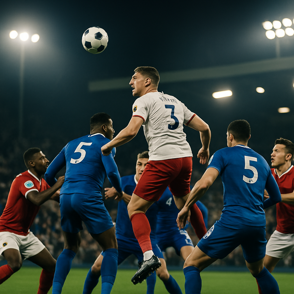 Premier League players contest a curling corner kick in a crowded penalty area, with
