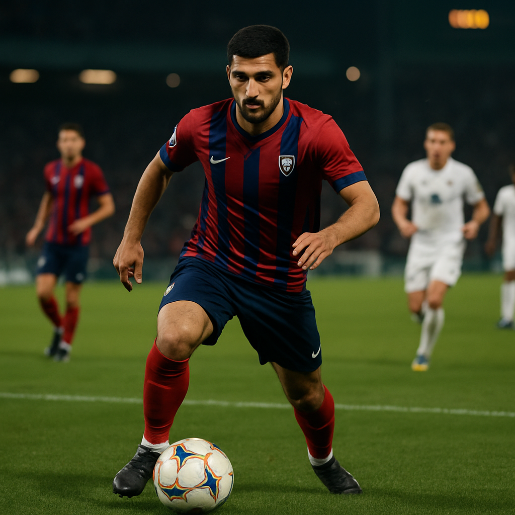 An Azerbaijani footballer competing in a match abroad, with the stadium clock underscoring the