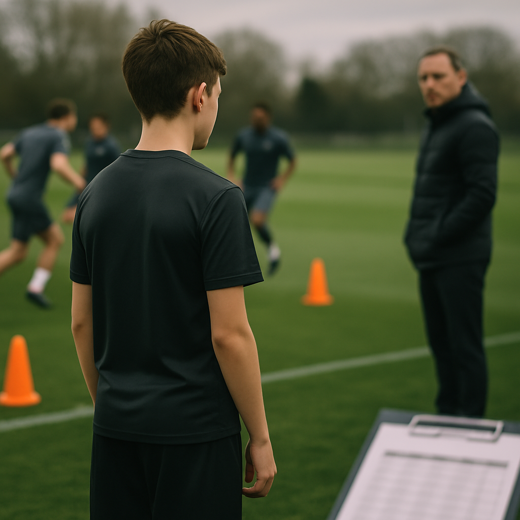 A young academy footballer watches first-team training as a coach evaluates him from the