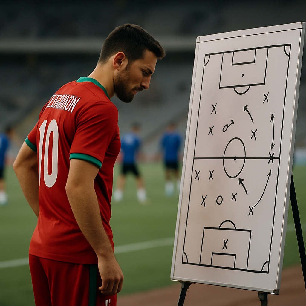 An Azerbaijan football player studies tactical patterns on a board while the opposing team