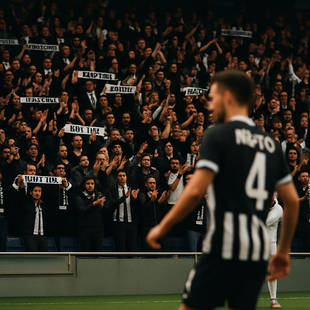 Neftçi players draw energy from a packed home stand as black-and-white-clad supporters clap and