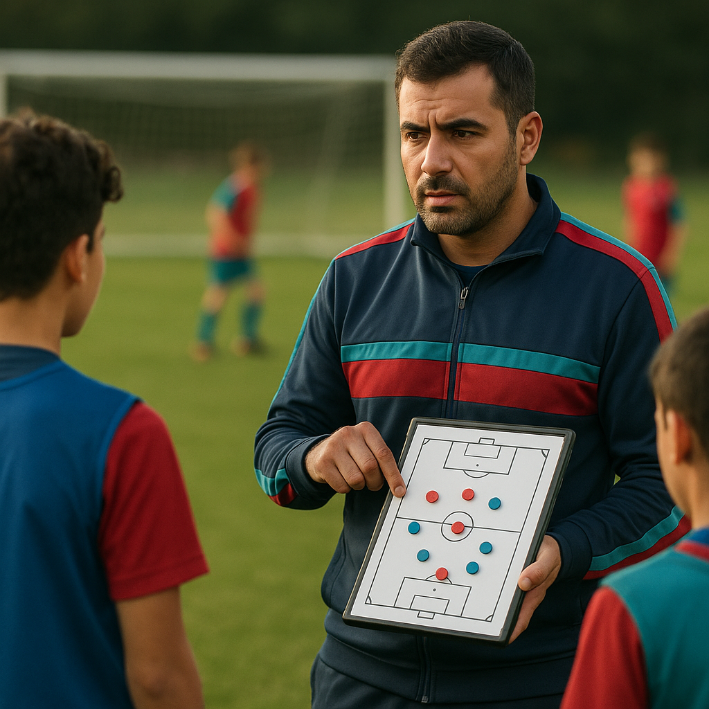 An Azerbaijani former footballer coaches young players during a training session, using his experience