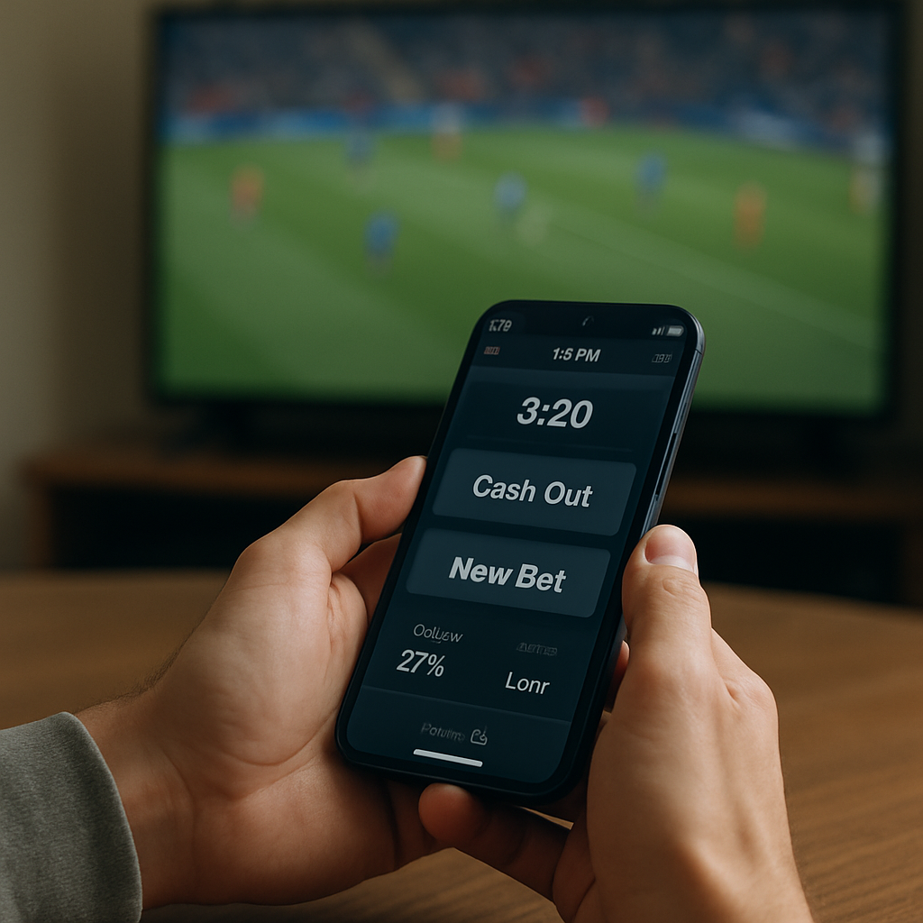 A viewer compares cash-out and new-bet options on a phone while watching a football
