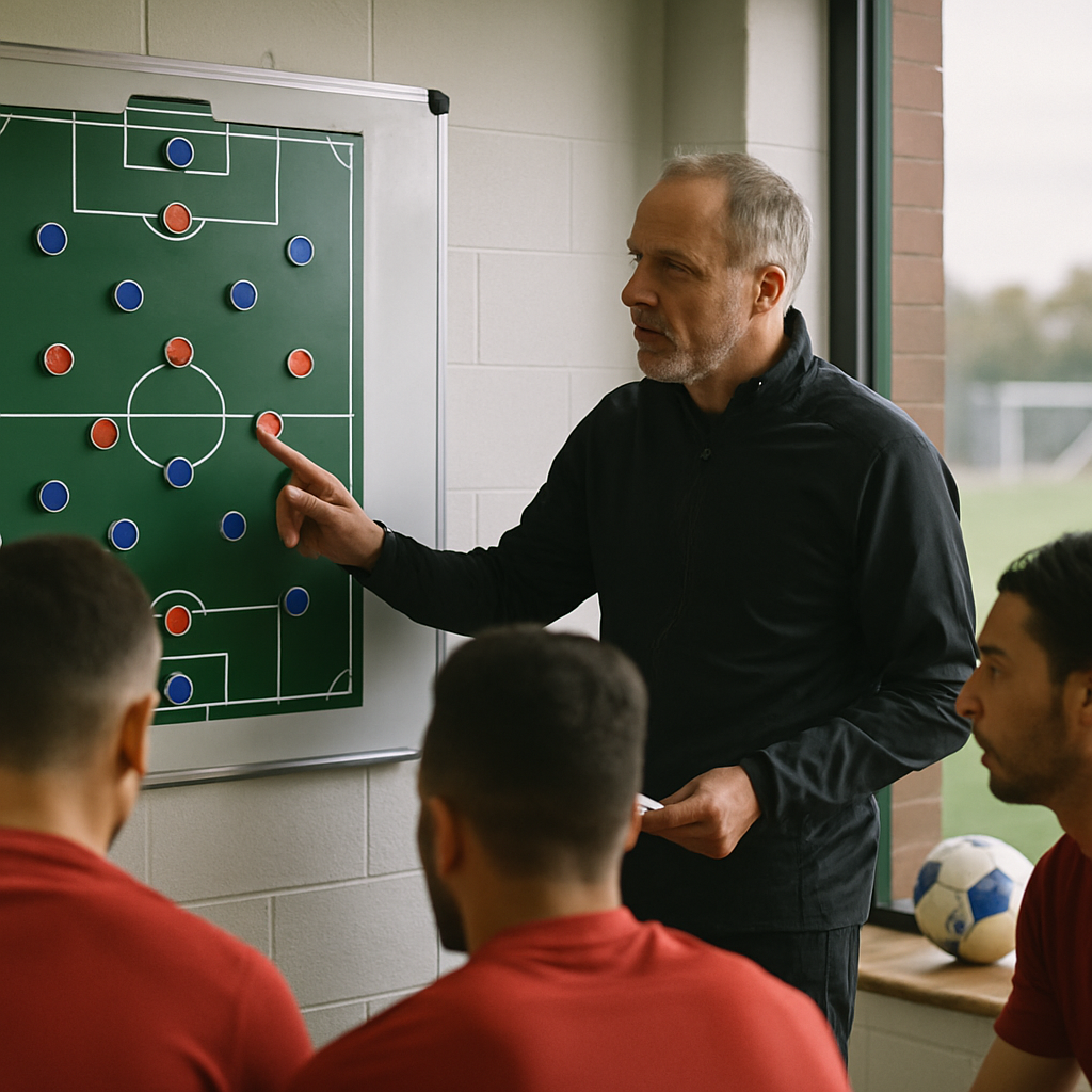 A national team coach reviews a tactical board with players ahead of qualifying matches.