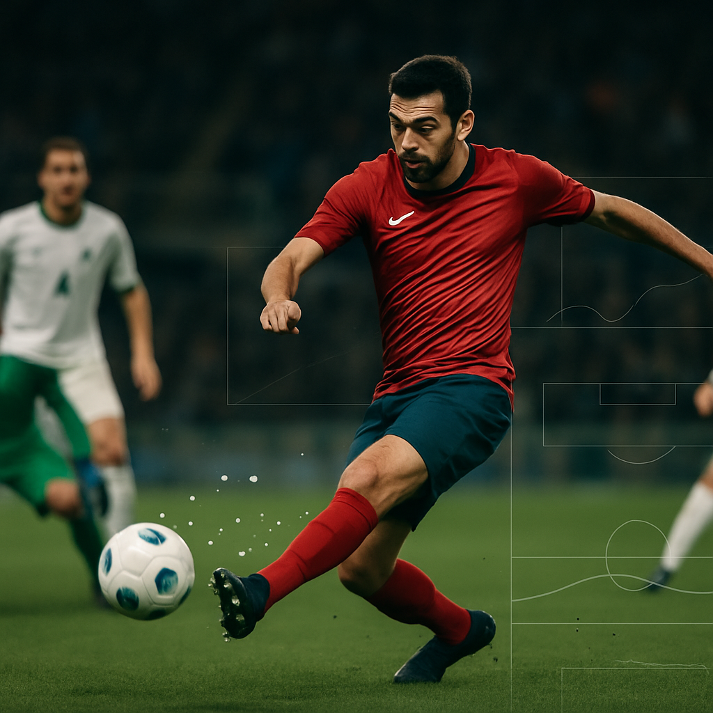 A striker shoots during an Azerbaijani league match as subtle shot-map graphics suggest the
