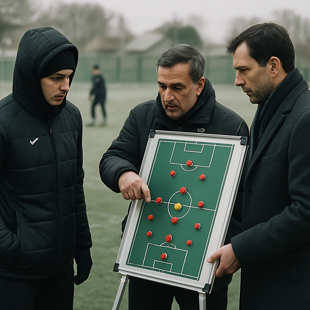 An Azerbaijani football coach and sporting director discuss squad needs beside a tactics board
