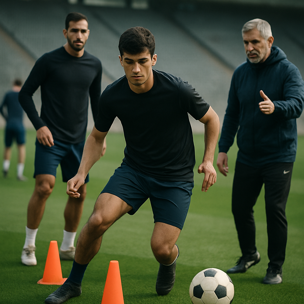 A young Azerbaijani footballer practices a tactical drill on the senior team’s pitch while