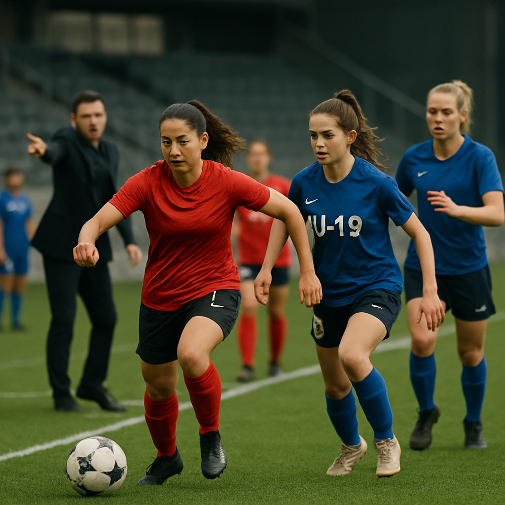 A young U-19 player and an experienced teammate drive forward during an Azerbaijani women’s