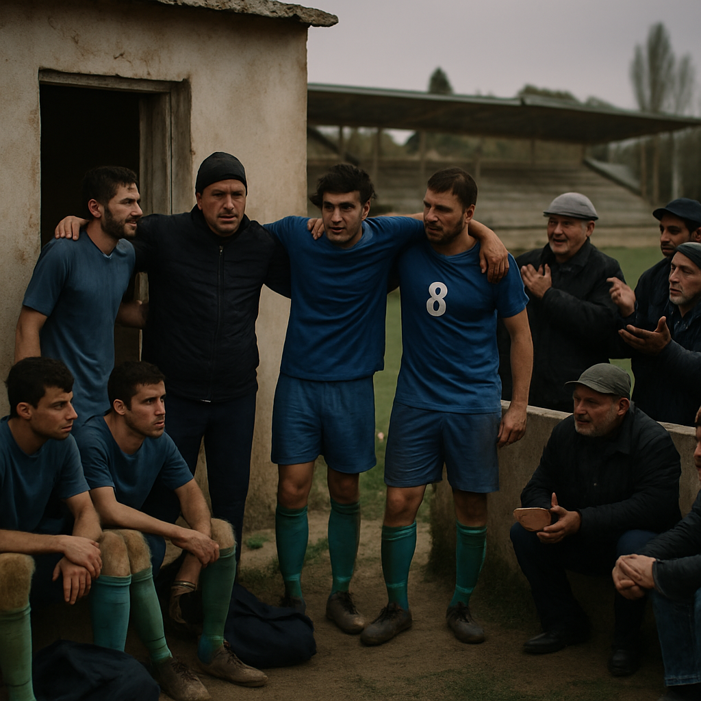 Players and supporters of a modest regional football club regroup beside their local pitch,