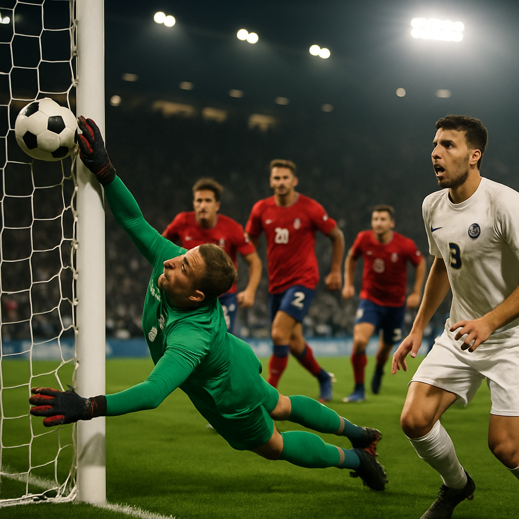 A goalkeeper dives to tip a shot away as teammates celebrate and the opposing